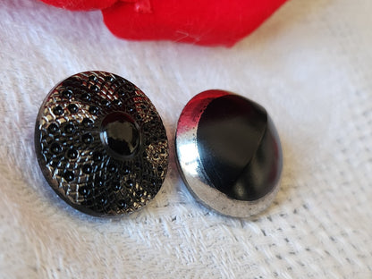 Duo  boutons anciens en verre noir argenté  1,8 cm D18C