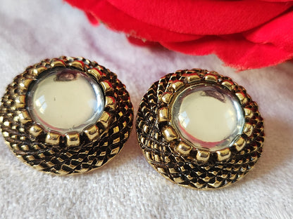 Duo boutons vintage en metal doré coeur transparent lumineux  2,2 cm G19K