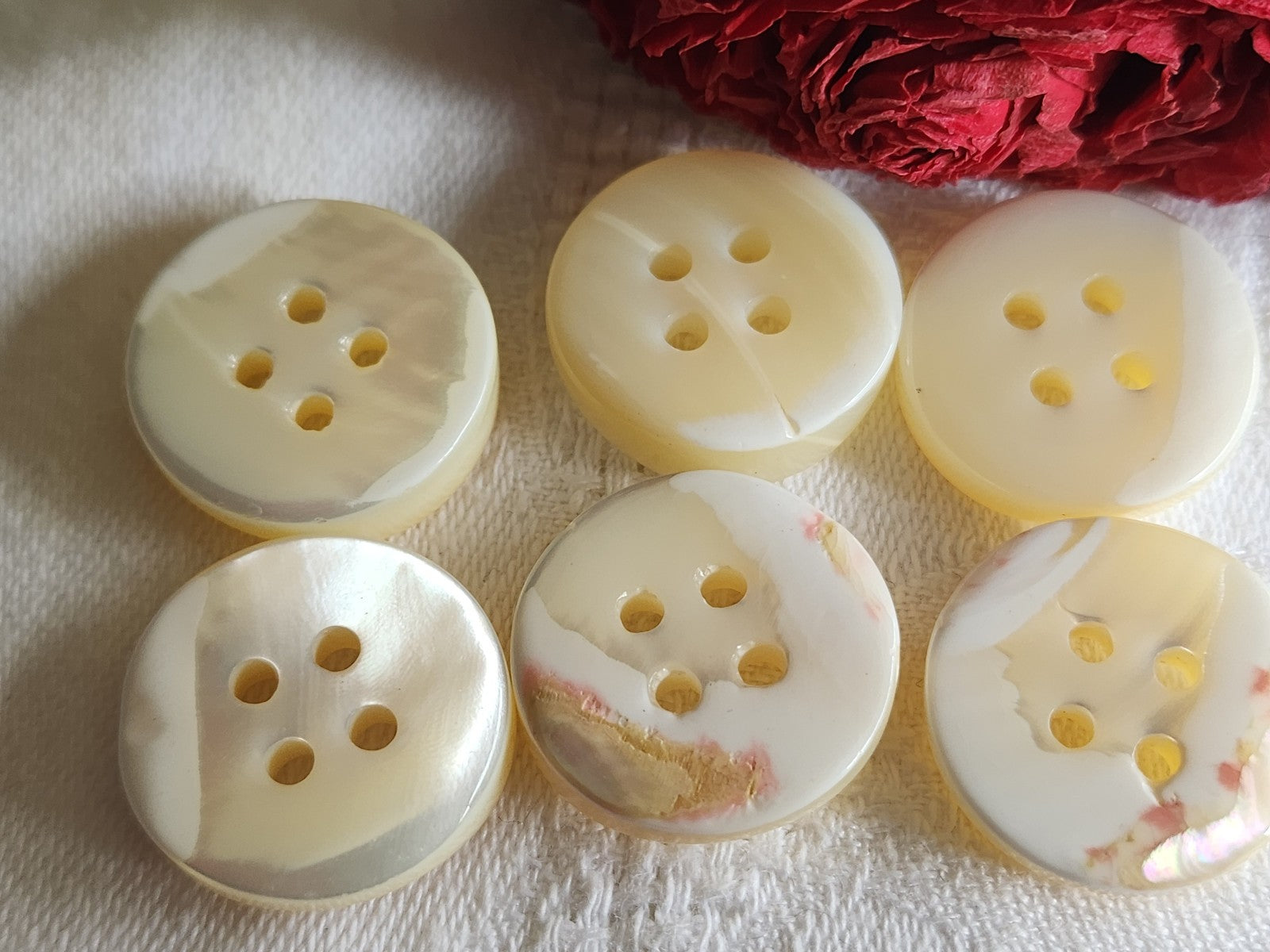 Lot  6 boutons anciens en nacre blanc épais bord 2,2 cm lourd ref  5967