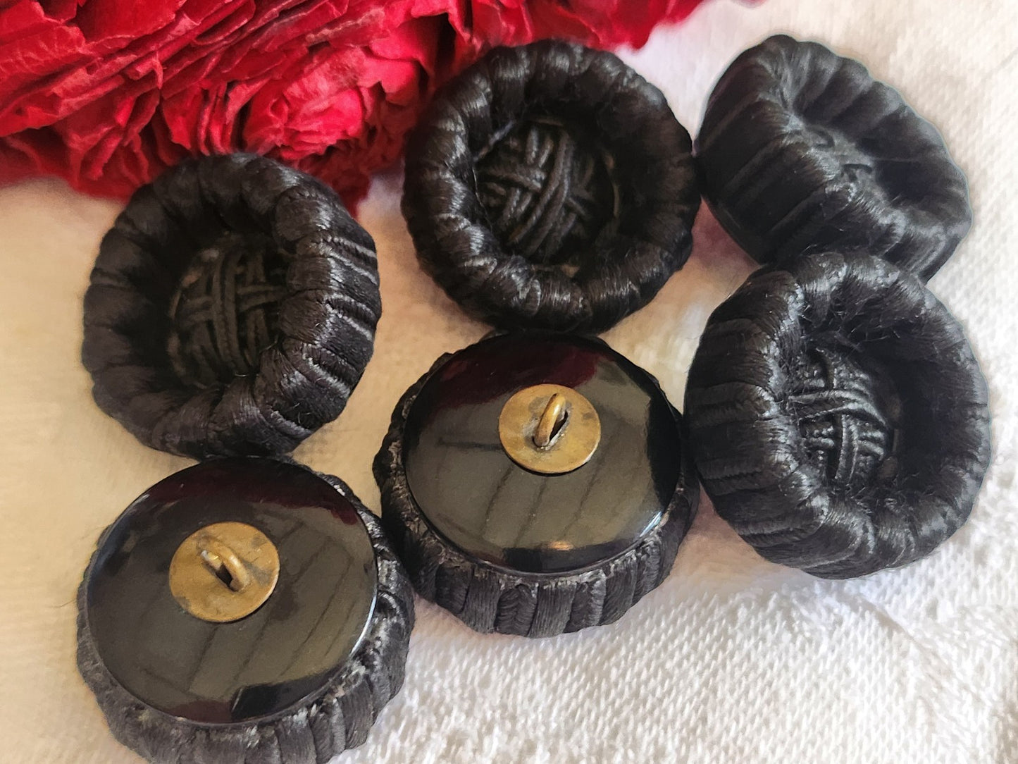 Lot 6 gros  boutons anciens vintage passementerie noir pied 2,2 cm ref 5844