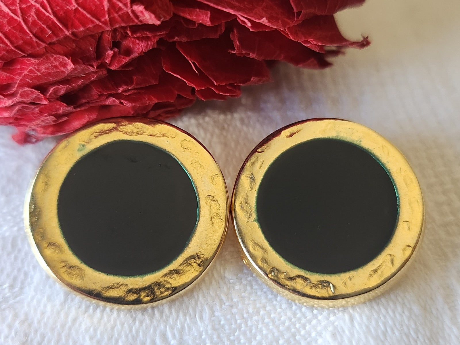 Duo boutons vintage en métal bleu doré 2 cm pied G15G