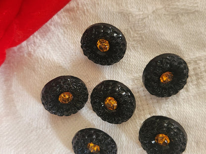 Lot 6 boutons vintage en verre noir avec strass orange 13 mm ou  1,3 cm ref 6355