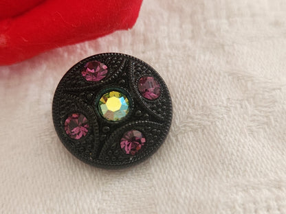 Bouton vintage en verre noir avec strass verre violet 18 mm ou   1,8 cm G19A