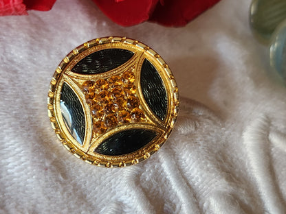 Superbe bouton vintage vert metal effet strass orange 1,9 cm G15B