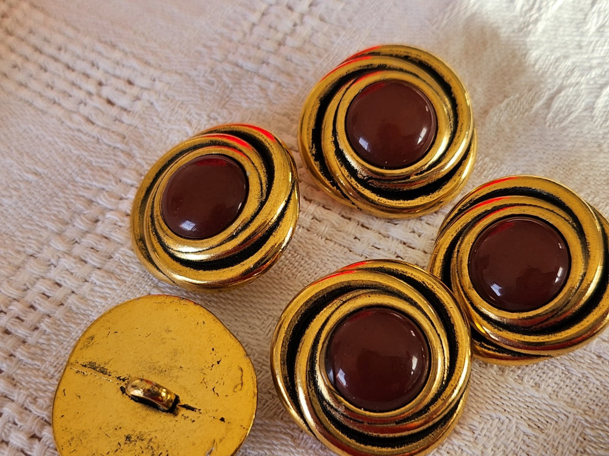 Lot 5 gros boutons vintage  métal doré marron lourd 2,4 cm 24 mm ref 0014