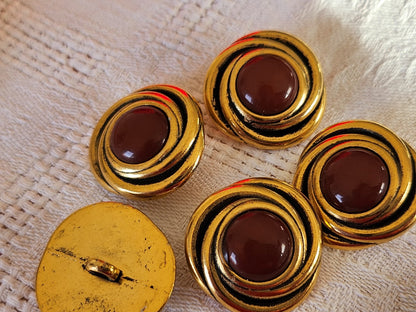 Lot 5 gros boutons vintage  métal doré marron lourd 2,4 cm 24 mm ref 0014