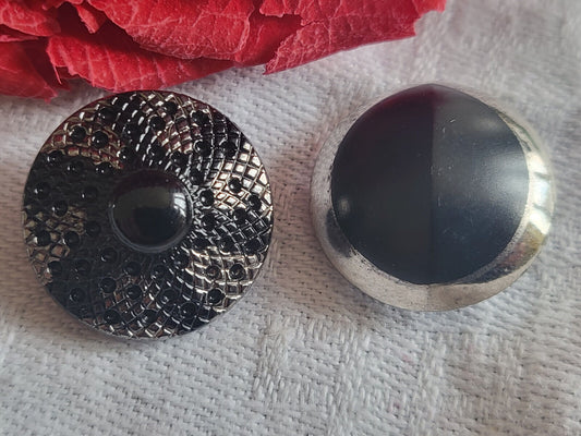 Duo boutons anciens en verre noir et argenté à pied diamètre 1,8 cm G15F