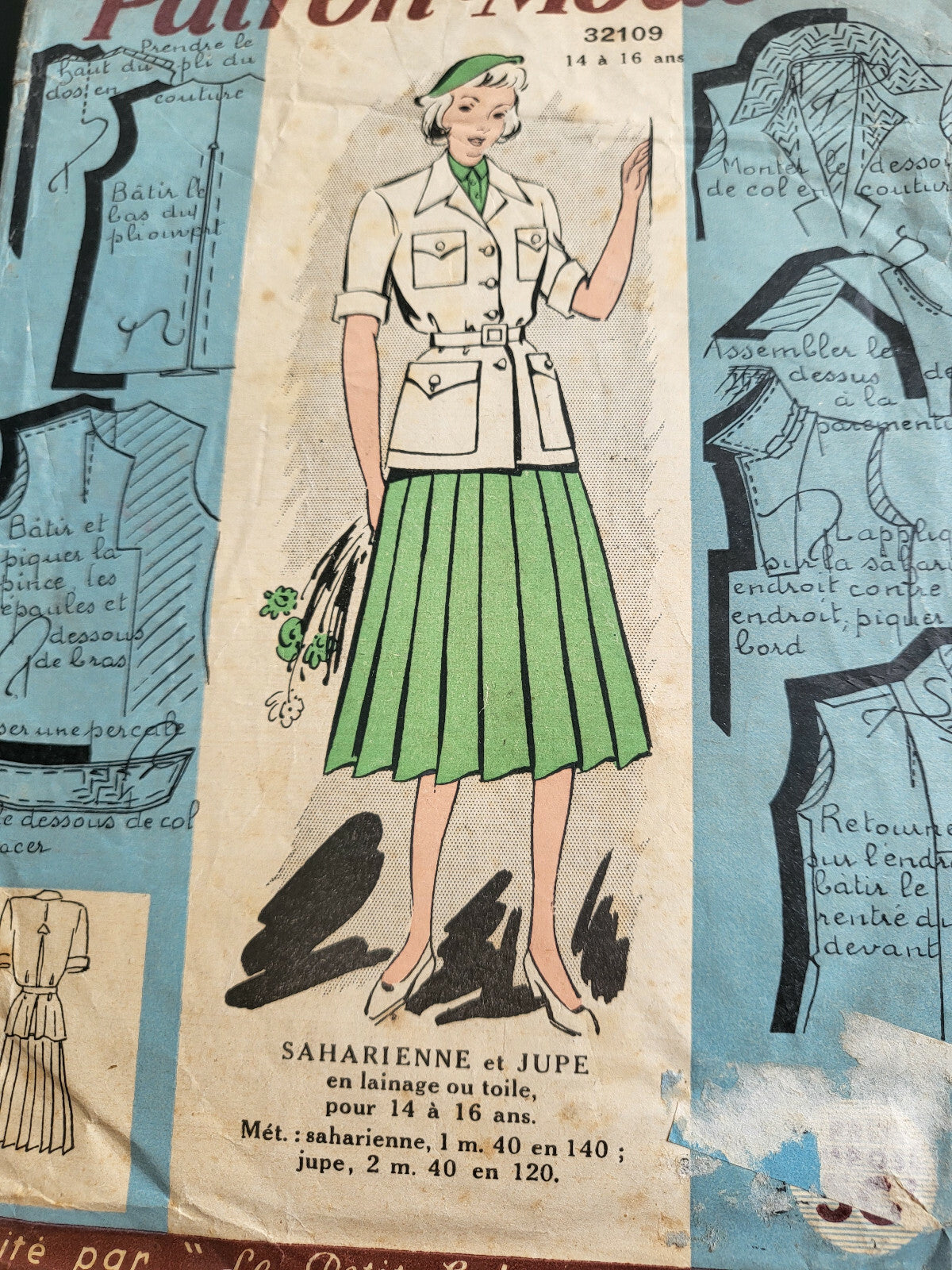 Patron ancien saharienne jupe taille 34/36 jeune fille 14/16 ans