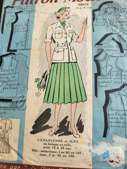 Patron ancien saharienne jupe taille 34/36 jeune fille 14/16 ans