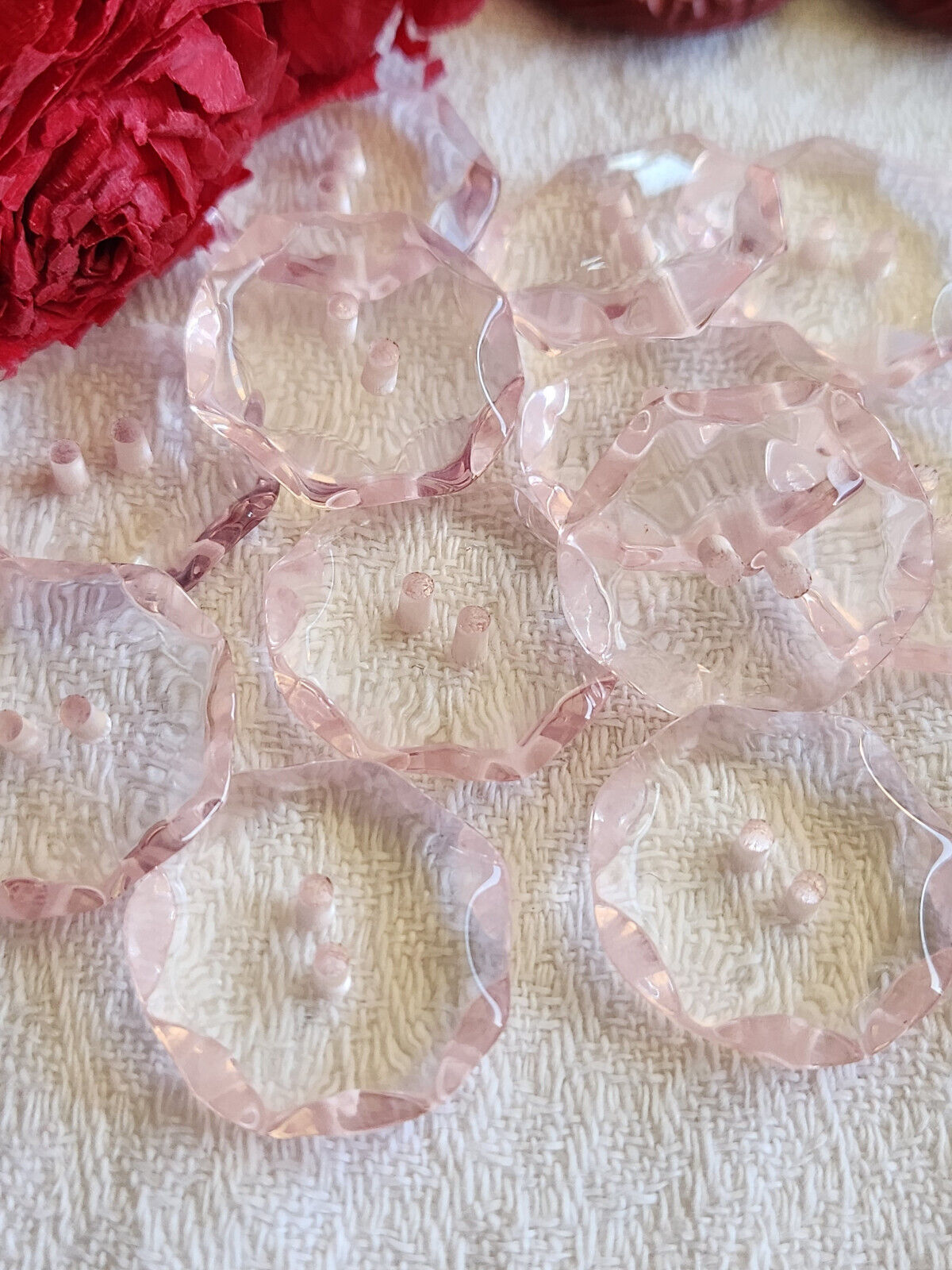 Lot 6 boutons vintage rose plastique ovale transparent 2,2 sur 2,4 cm ref 5799