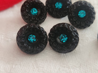 Lot 6 boutons vintage en verre noir avec strass  vert 1,3 cm ref 6359
