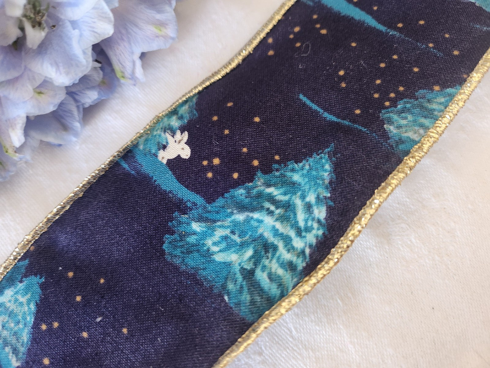 Large galon ruban  vintage sur 6,4 cm sapin bleu bord fil métal  2 métres B9