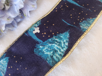 Large galon ruban  vintage sur 6,4 cm sapin bleu bord fil métal  2 métres B9
