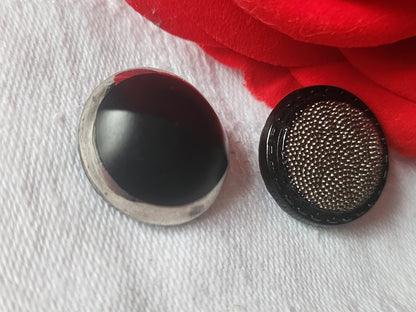 Duo boutons anciens en verre argenté vintage noir  1,8  cm D10D