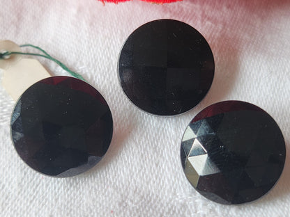 Trio boutons anciens en verre noir facette pied vintage 1,8 cm G12C