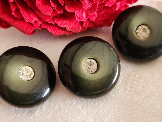 Trio boutons vintage vert avec strass en verre pied  2,2 cm à pied ref 2427