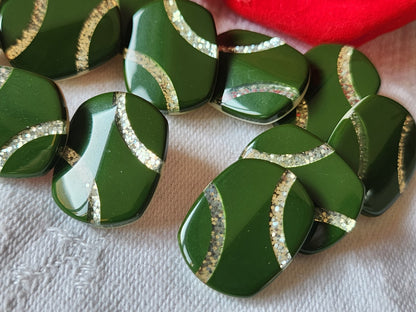 Lot 10 boutons vintage vert inclusion paillette rectangle 1,3 / 1,7 cm ref 3372