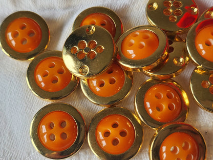 Lot 18 boutons vintage orange acrylique doré leger trous 1,8 cm ref 3558
