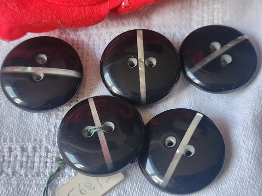 Lot 5 boutons vintage noir liseré blanc trous 2,2 cm ref 2100