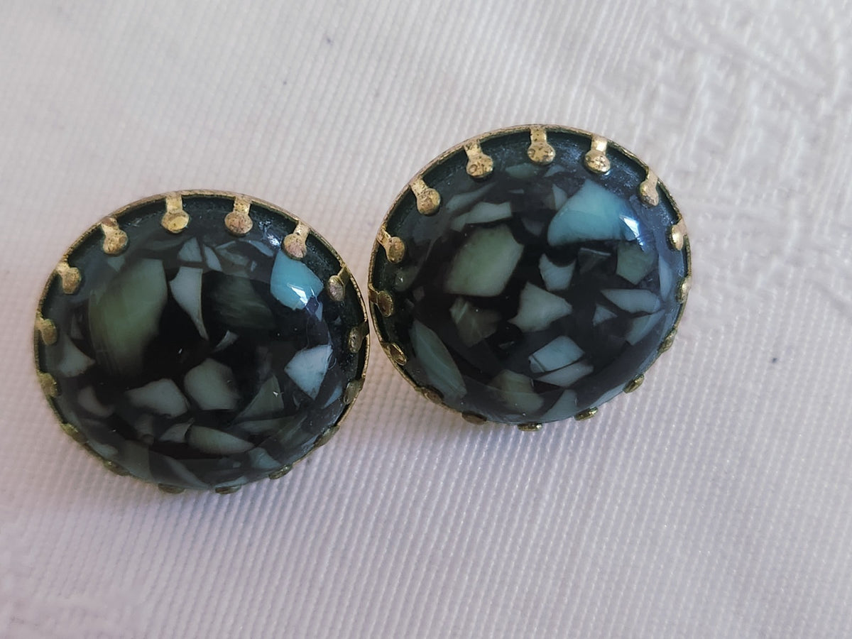 Collection duo boutons anciens effet mosaique vert pied métal 1,8 cm D18A