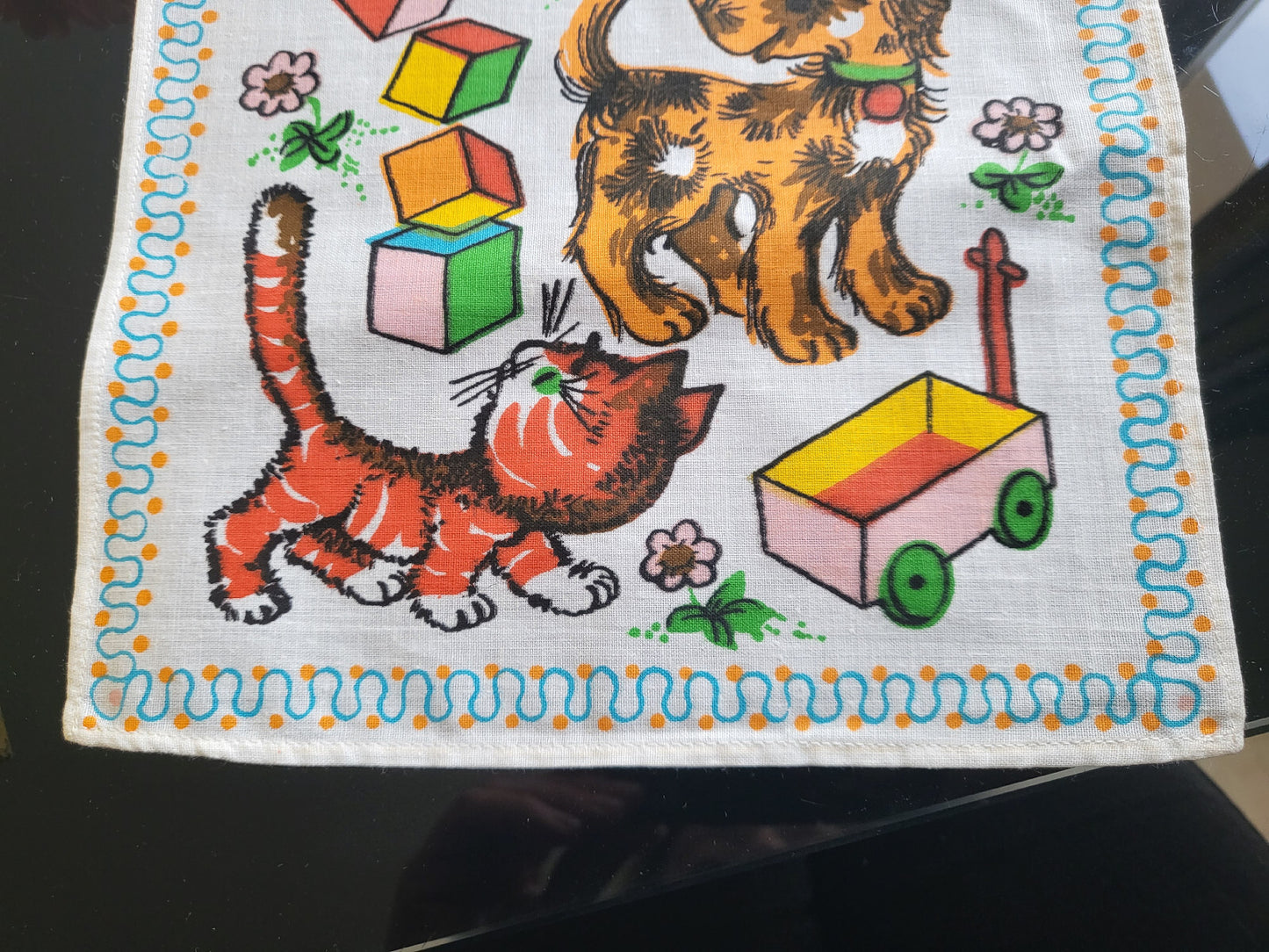 Mouchoir ancien neuf vintage enfant année 60/70 chaton chien coton B4-1