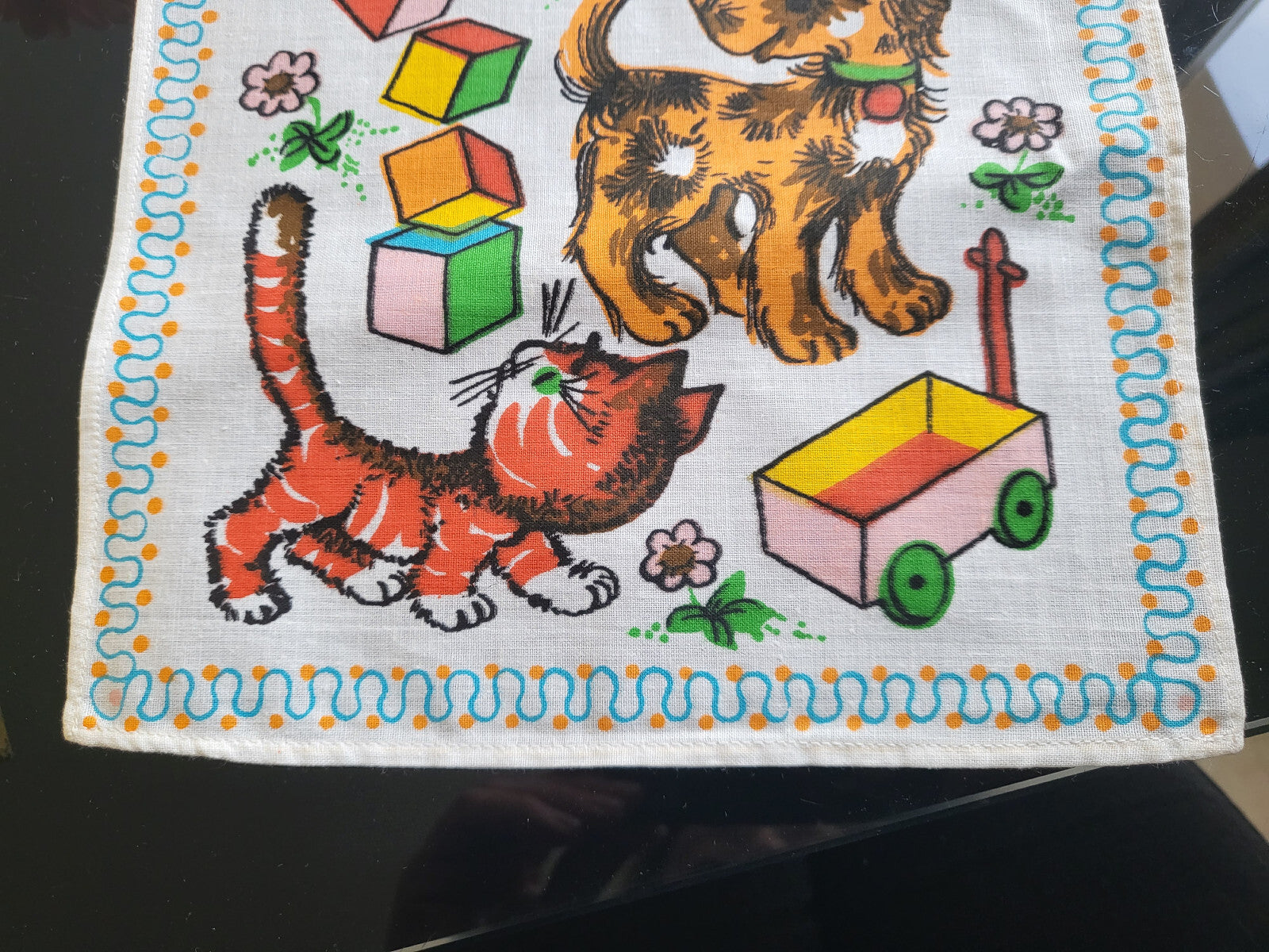 Mouchoir ancien neuf vintage enfant année 60/70 chaton chien coton B4-1