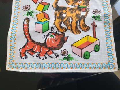 Mouchoir ancien neuf vintage enfant année 60/70 chaton chien coton B4-1