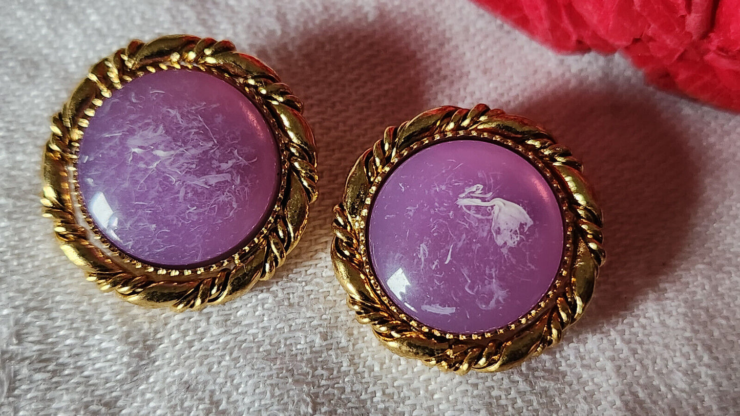 Duo boutons en métal doré coeur violet jaspé bijoux pied 2,3 cm ref 2837