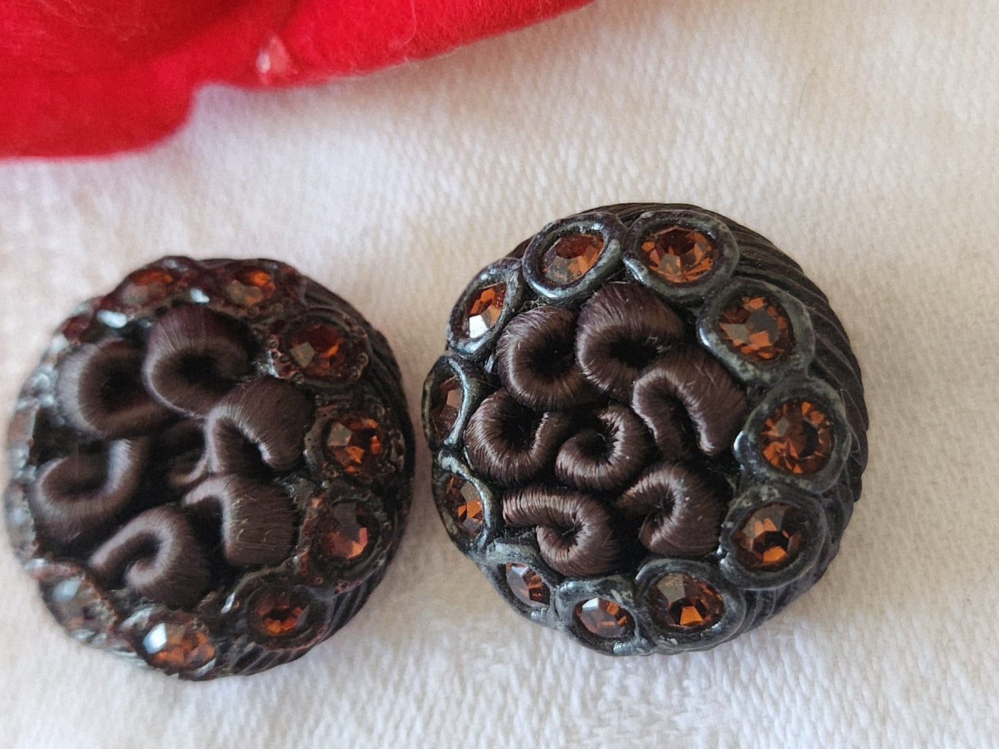 Duo bouton vintage résine et passementerie marron strass verre 2,3 cm G2G
