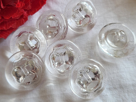 Lot 7 boutons anciens vintage en verre  transparent épais pied 1,5 cm ref 978