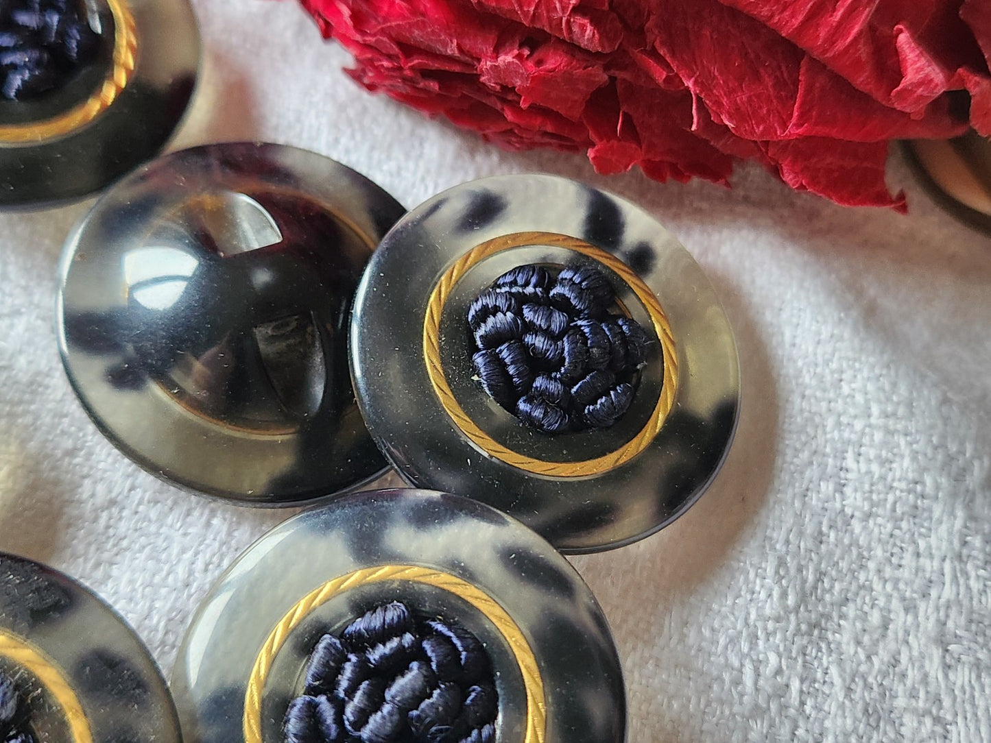 lot 6 gros boutons vintage coeur passementerie bleu noir à  pied 2,7 cm ref 2698