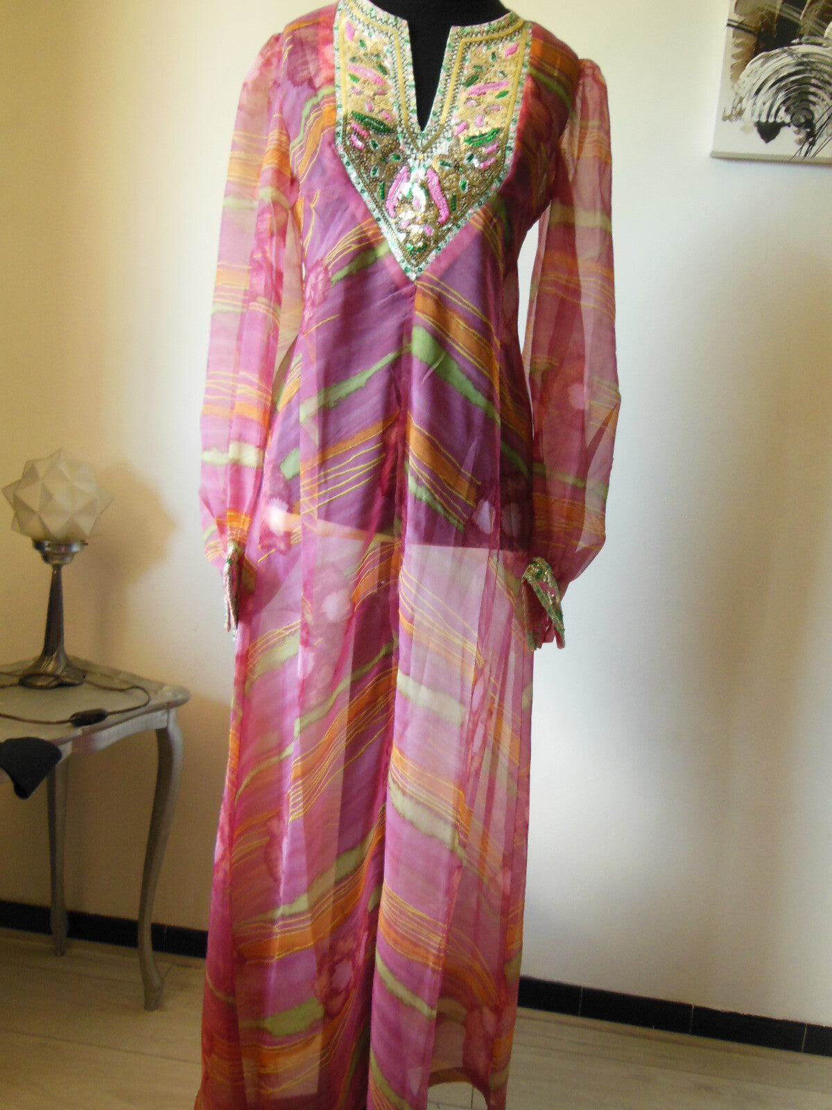 Pur vintage robe longue de plage paillette broderie main taille 36 / 38 ? B1