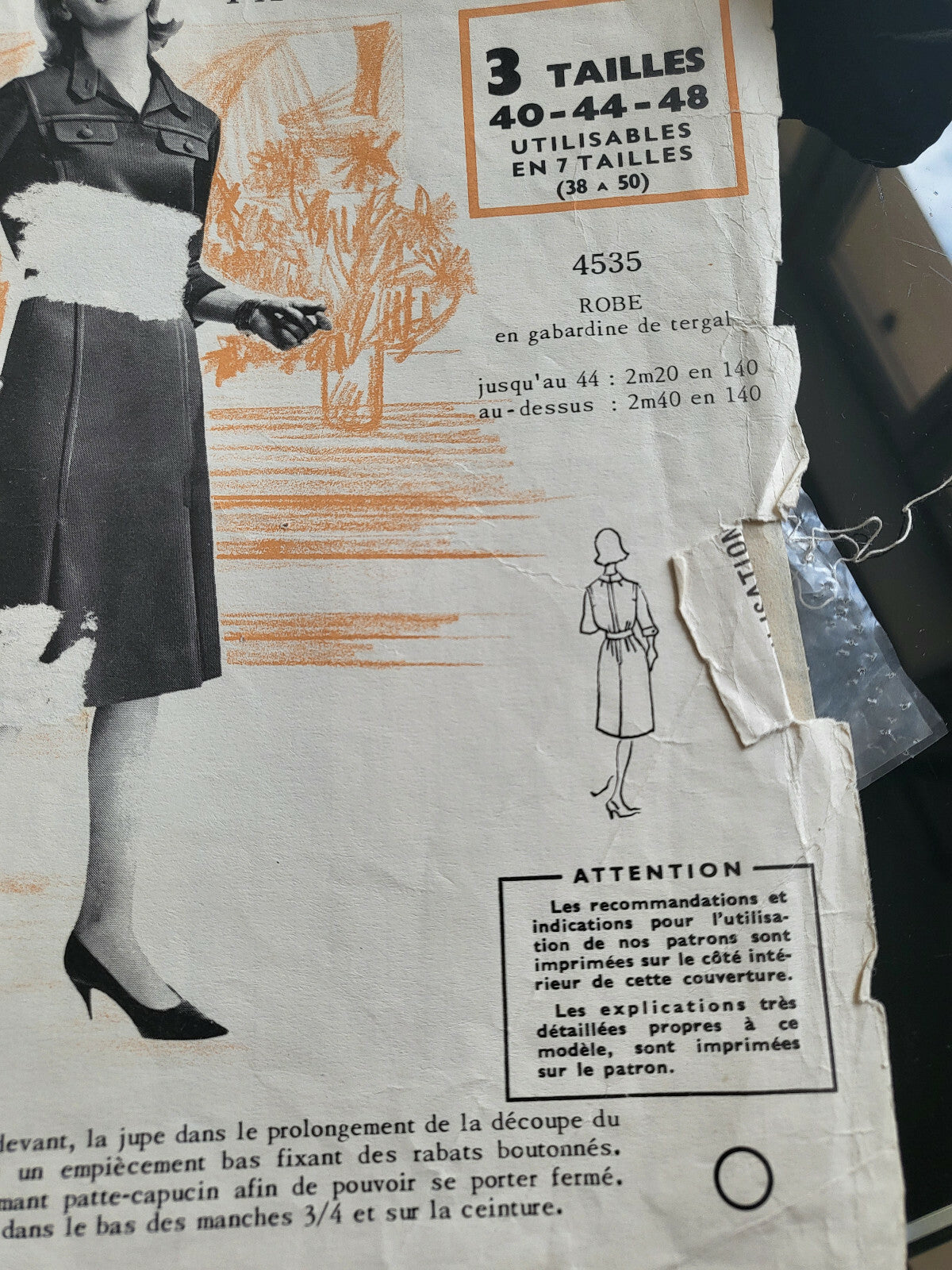 Patron ancien robe manche 3/4 col patte taille 40 44 48 immédiat