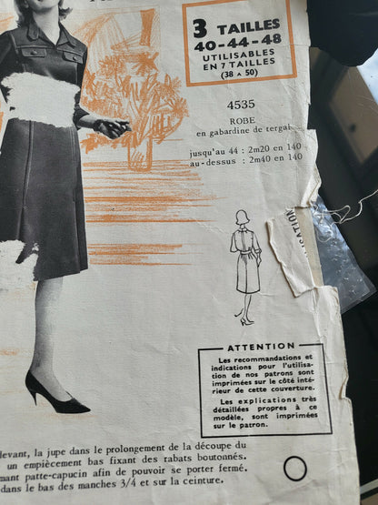 Patron ancien robe manche 3/4 col patte taille 40 44 48 immédiat