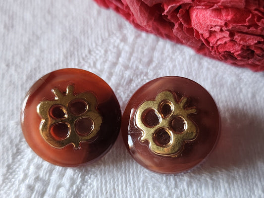 Duo boutons anciens en verre marron laiteux  vintage    1,7 cm D6J