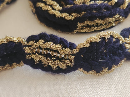 Galon vintage bleu foncé et doré épais 2 mètres 40 sur 2,1 cm A5