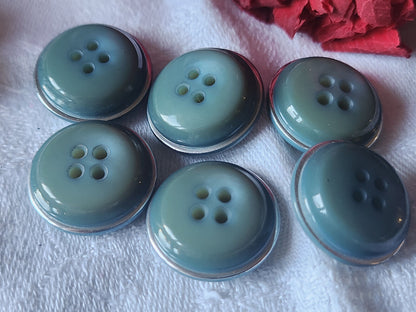 Lot 6 boutons vintage bleu argenté trous bombé 2,1 cm ref 2370