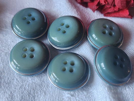 Lot 6 boutons vintage bleu argenté trous bombé 2,1 cm ref 2370