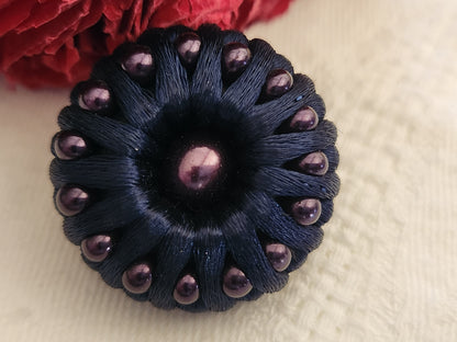 Superbe bouton ancien passementerie perlé bleu vintage couturier 2,6 cm  ref 258
