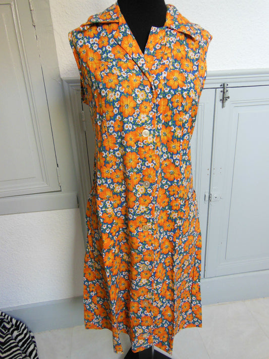 Pur vintage robe ancienne blouse coton orange bleu taille 42? Ref PORT