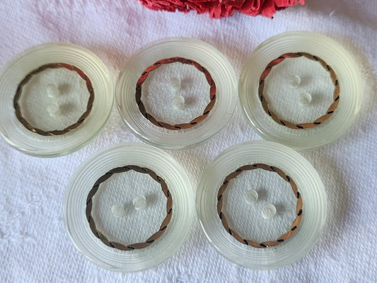 Lot 5 gros boutons vintage transparent vert doré trous 2,8 cm ref 5437