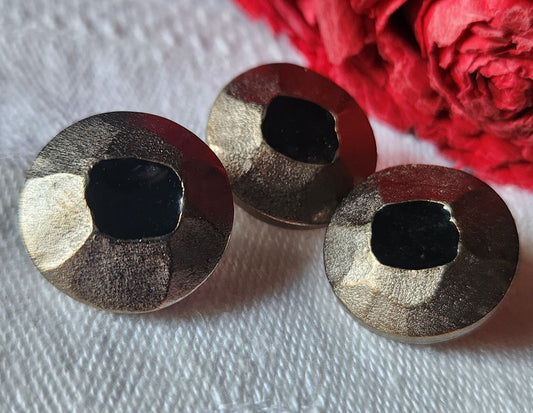 Trio boutons vintage en métal argenté facette noir pied  1,7 cm ref 2350