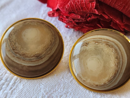 Duo enormes boutons vintage marron veiné monture métal pied 3,3 cm G15S