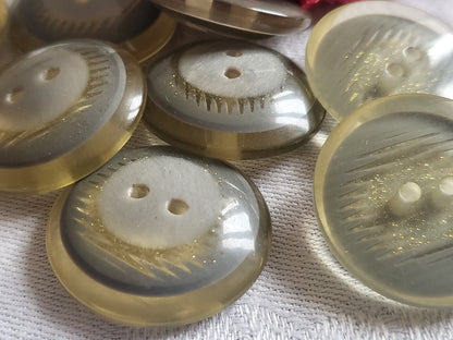 Lot 6 gros boutons vintage épais inclusion gris argenté à trous  2,8 cm ref 4698