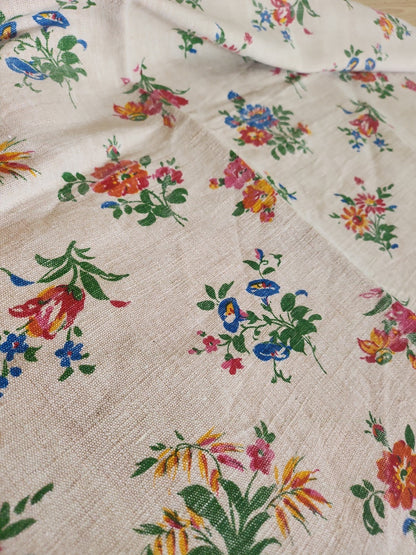 Ancien coupon de tissu lin fleur imprimé 59 cm sur 74 cm B5