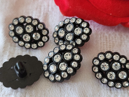 Lot 5 boutons noir acrylique strass en verre 1,6 sur 2,1 cm ref 5969