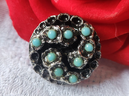 Gros bouton en résine bronze perle  bleu vintage pied 2,5 cm ref 5567