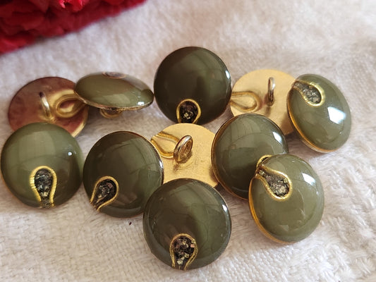 Lot 6 boutons vintage en métal vert effet paillette pied   1,5 cm ref 2392