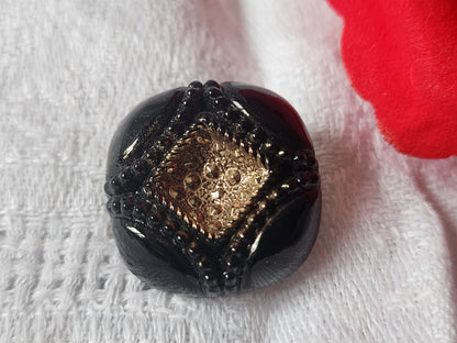 Gros bouton en verre noir doré volume vintage  2 cm D13G