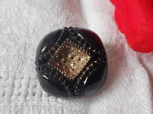 Gros bouton en verre noir doré volume vintage  2 cm D13G
